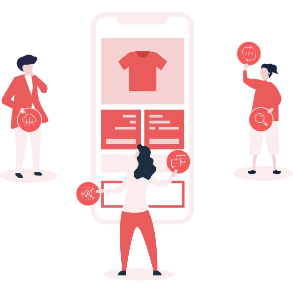 Illustration av en webbutik i mobilen som h&auml;mtar inneh&aring;ll fr&aring;n andra system