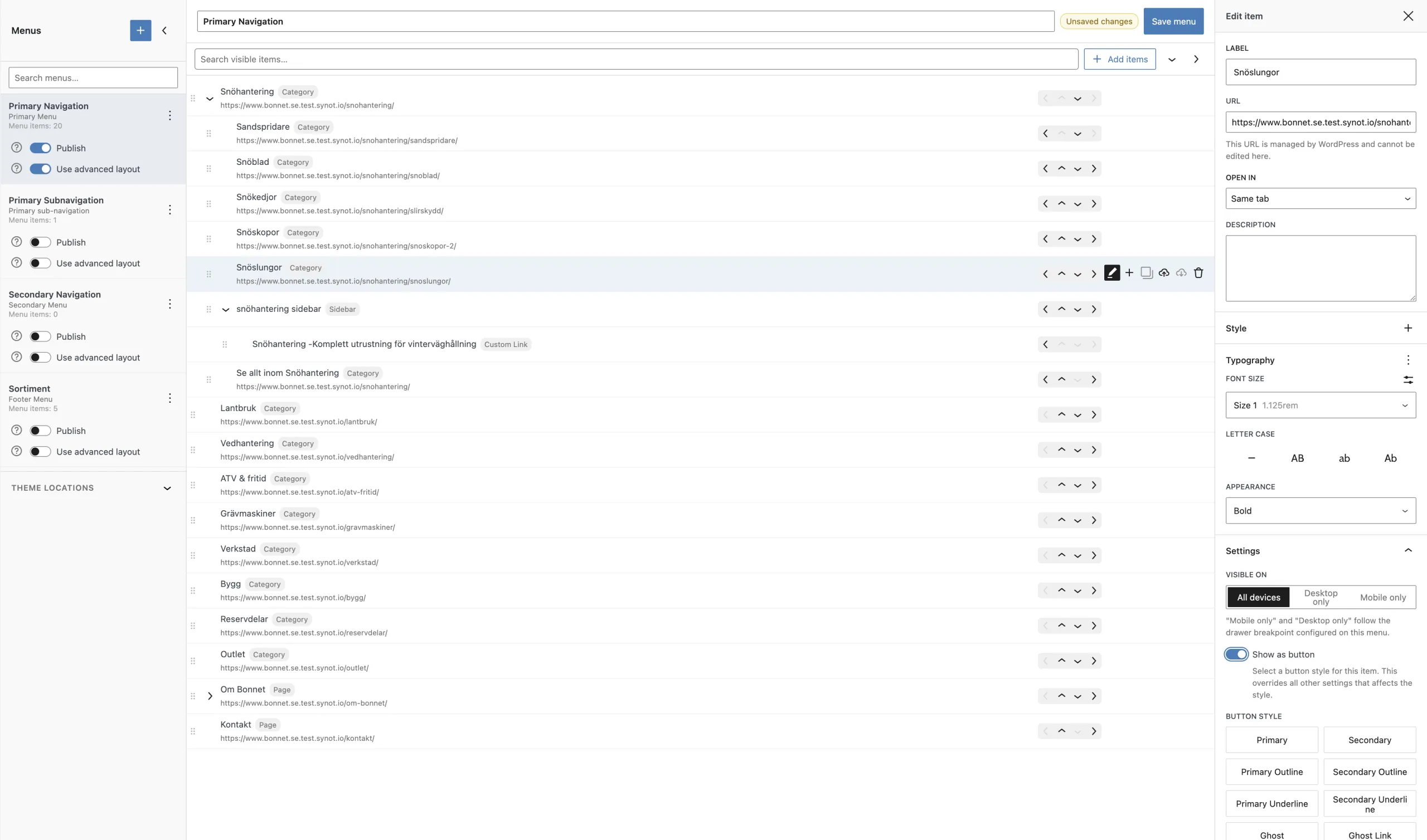Screenshot showing the Qala Menus plugin admin interface in editing a specific menu item in a menu.