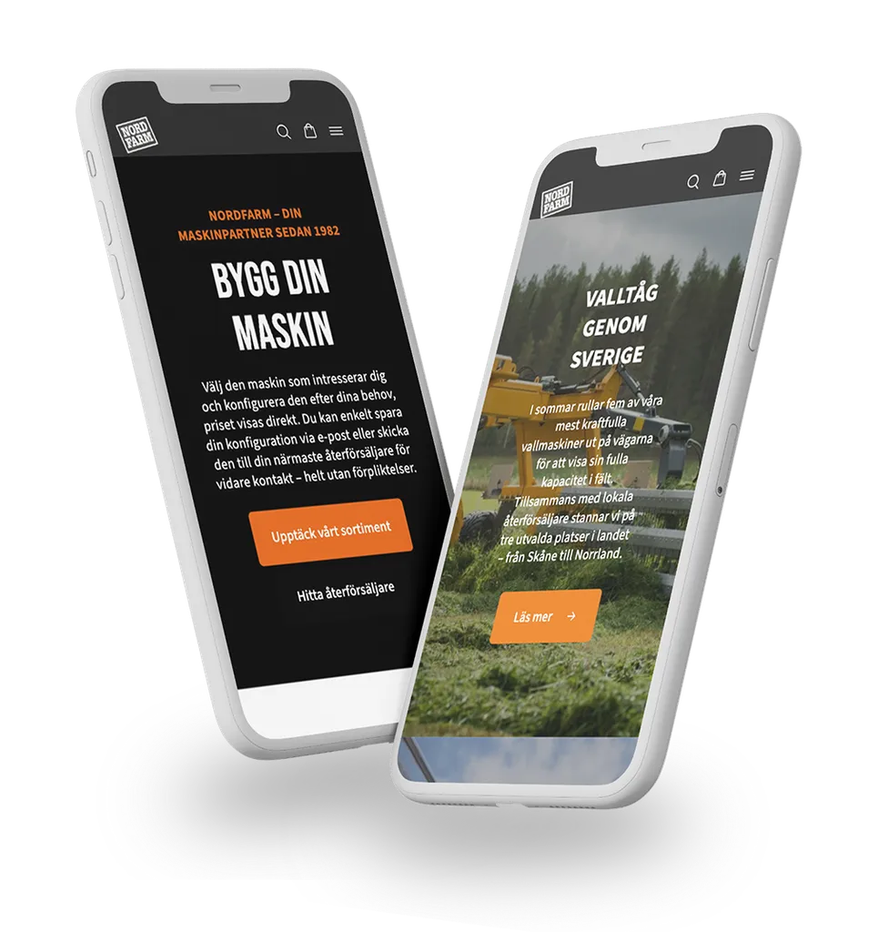 Två mobiltelefoner som visar Nordfarms webbplats i mobilvy, med fokus på funktionerna "Bygg din maskin" och kampanjen "Valltåg genom Sverige".