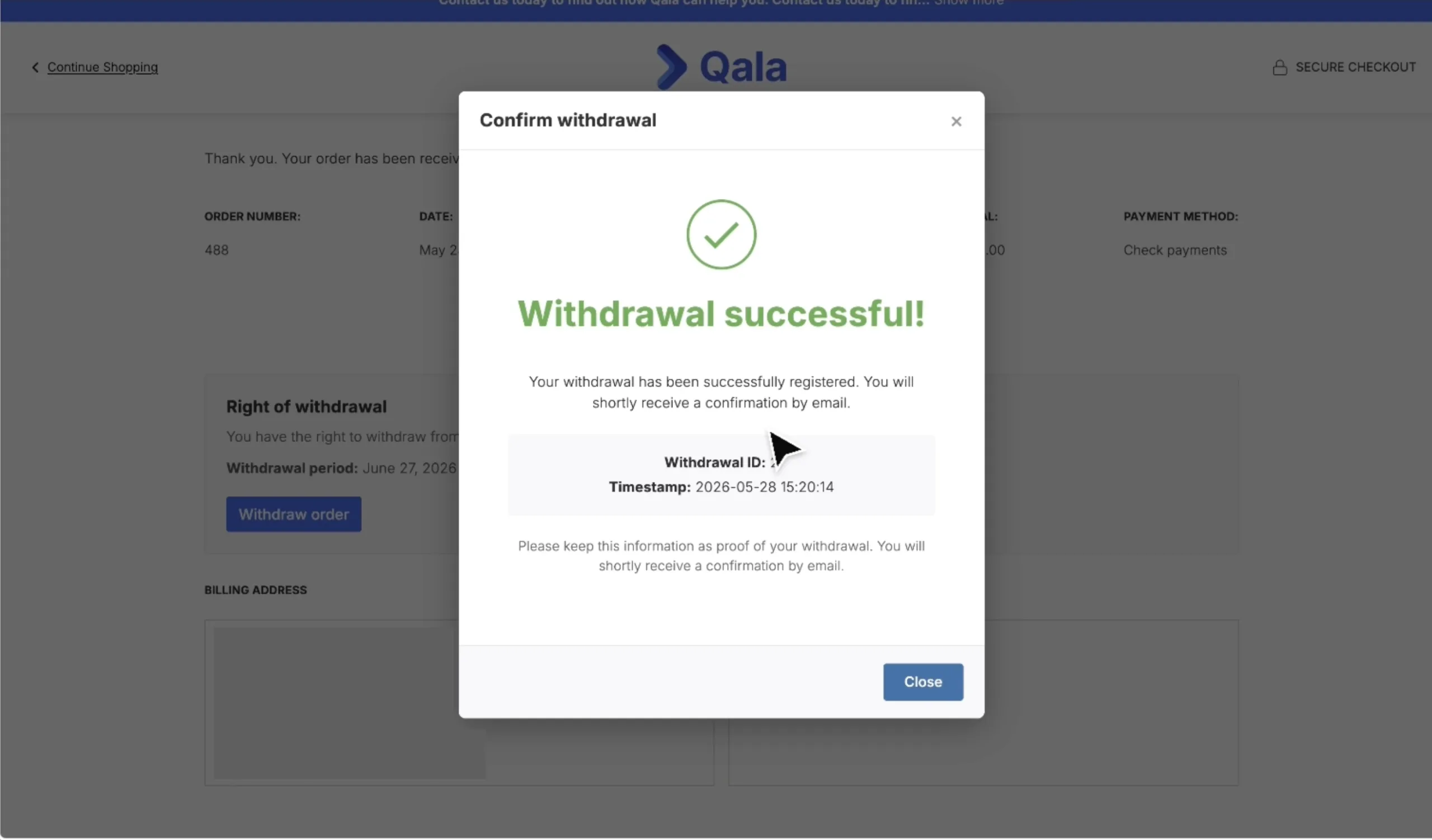Revoker withdrawal-successful confirmation modal showing a unique Withdrawal ID and timestamp as proof for the customer