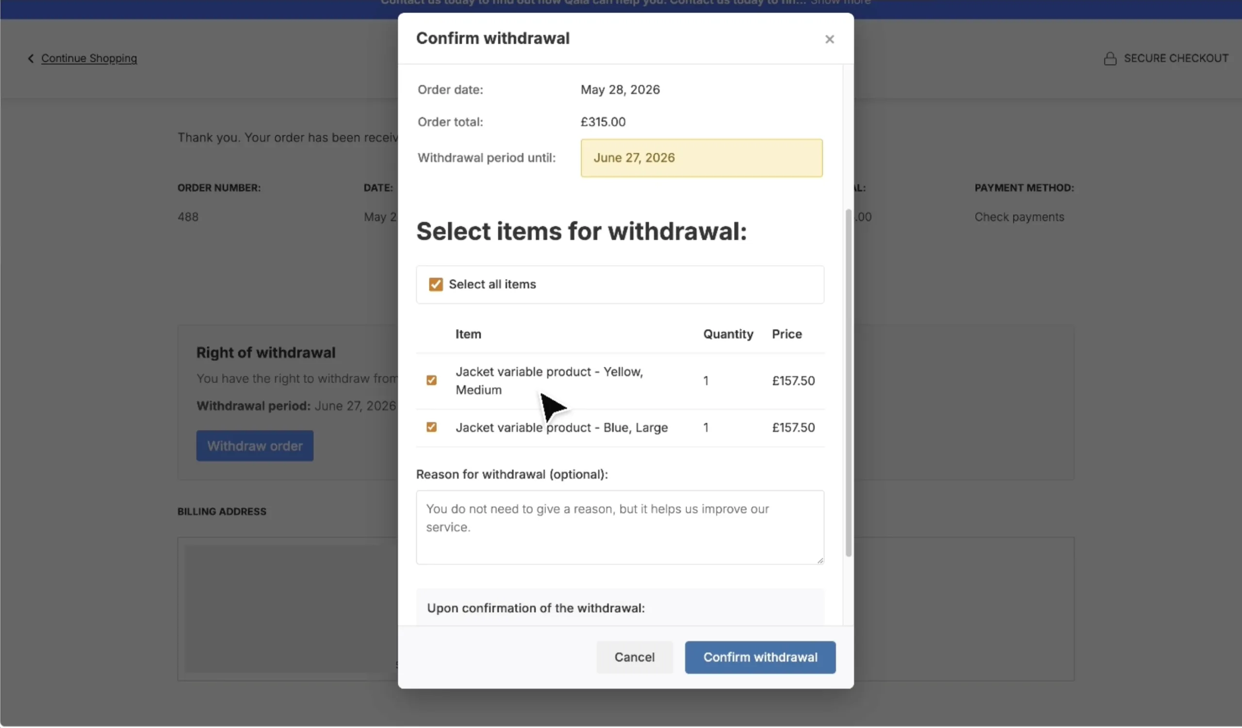 Revoker confirm-withdrawal modal on a WooCommerce store with item-level checkboxes for selective withdrawal and an optional reason field
