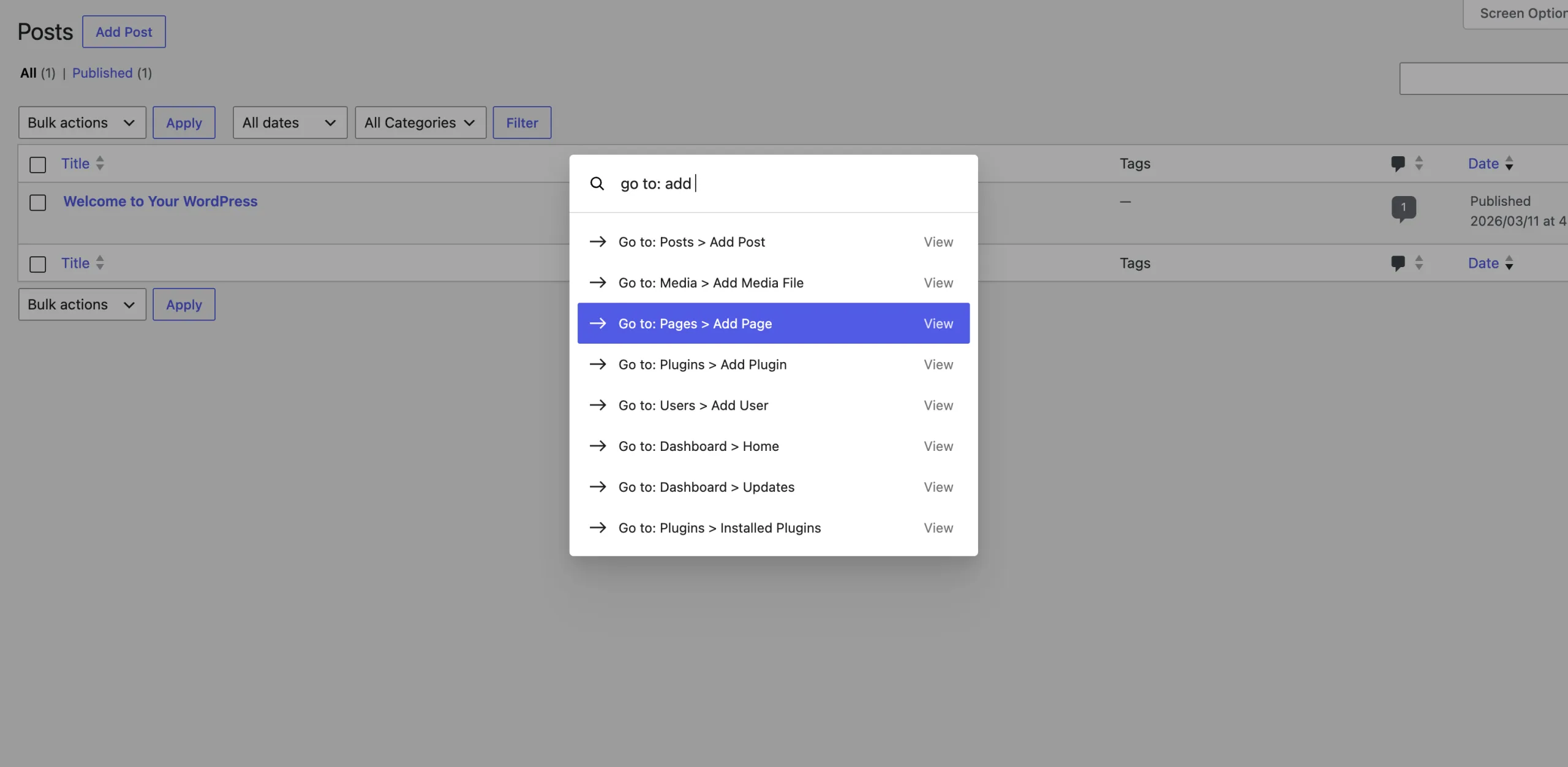 Screenshot showing the WordPress Command Palette in the middle of searching for 