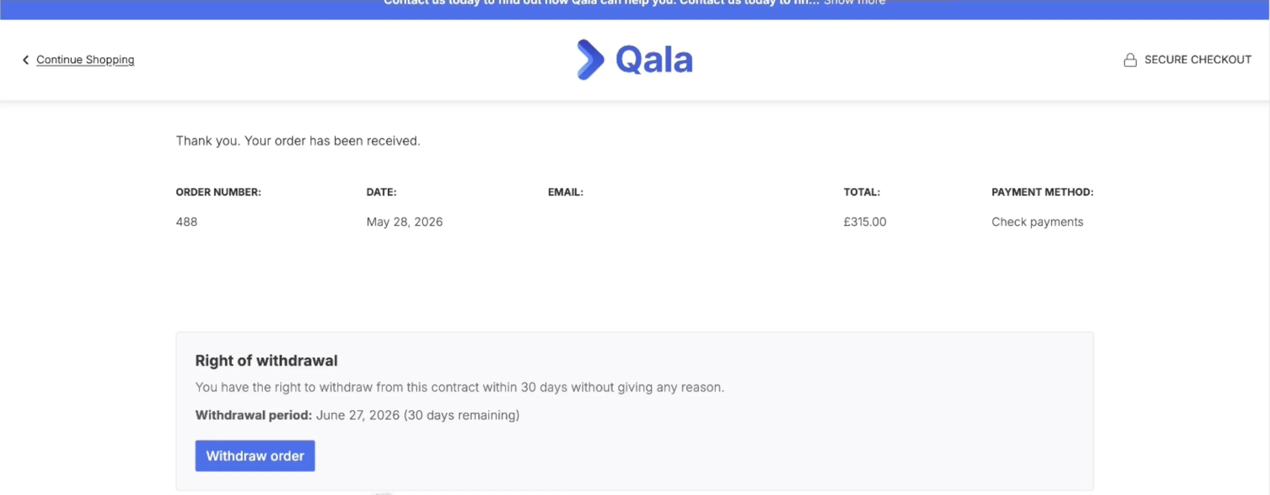 Revoker withdrawal block displayed directly on a WooCommerce order confirmation page, showing remaining withdrawal period and Withdraw order button