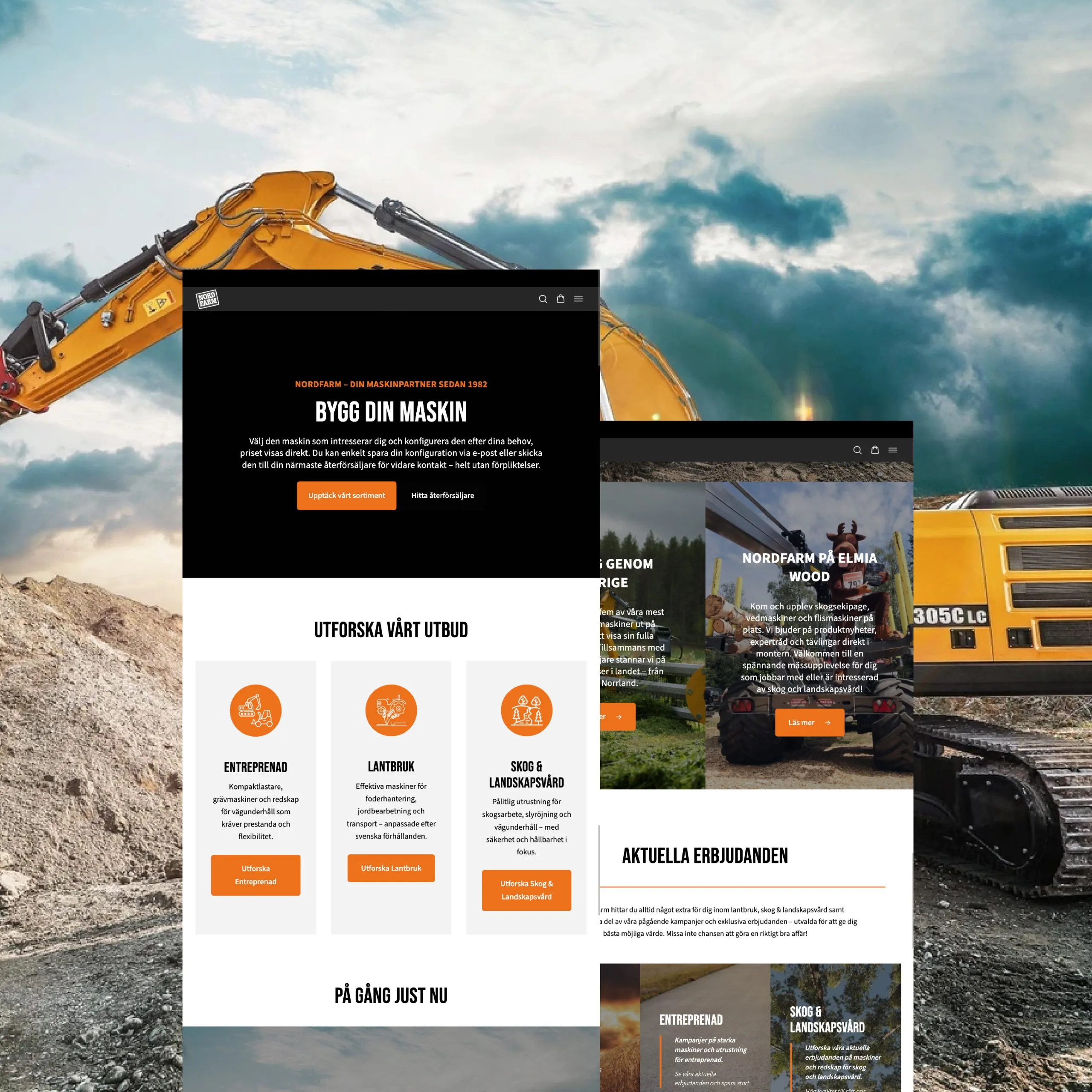 Layoutbild med Nordfarms webbplats i flera sektioner, överlagrad på en bakgrund med entreprenadmaskiner, som visar startsida och kampanjinnehåll.