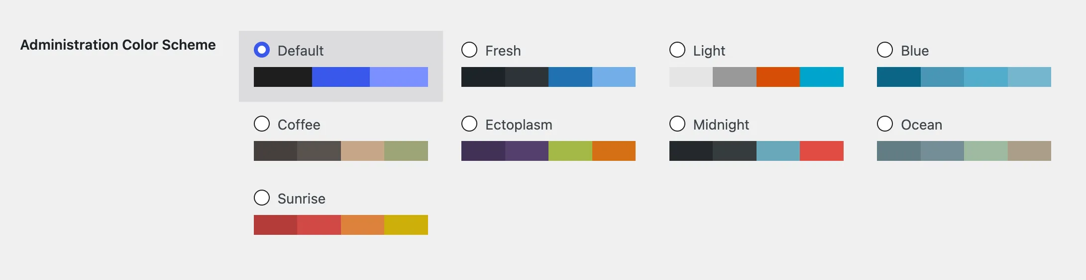 A screenshot of the Administration color scheme palettes available on the profile page in WordPress admin.  