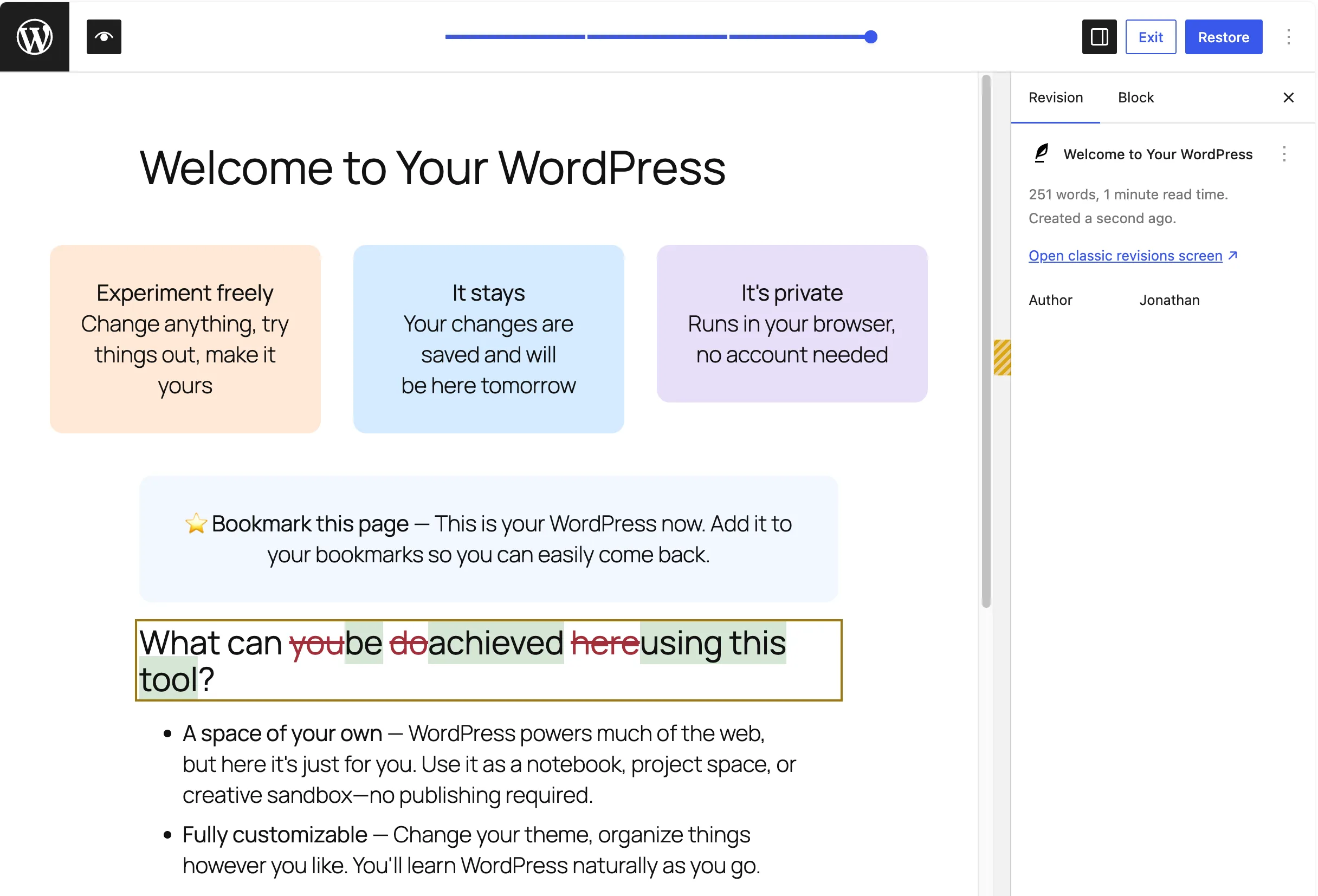 Screenshot showing the visual revisions in action, showing a highlighted revision of a heading with words removed and added.