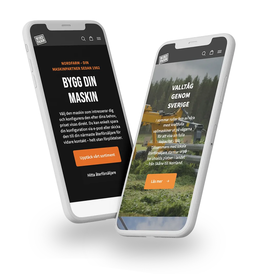 Två mobiltelefoner som visar Nordfarms webbplats i mobilvy, med fokus på funktionerna "Bygg din maskin" och kampanjen "Valltåg genom Sverige".