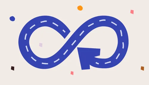 Illustration of an infinite loop road symbol with a blue arrow.