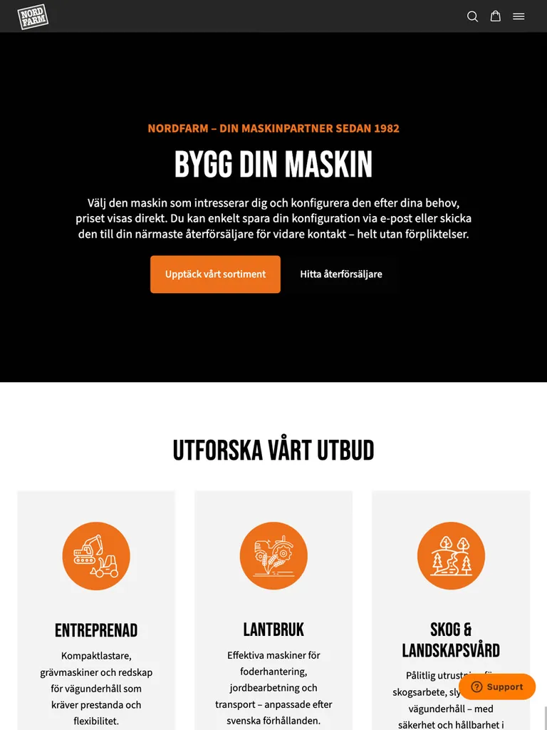 Skärmdump av Nordfarms webbplats i desktopvy med svart bakgrund, tydlig rubrik "Bygg din maskin" och orange CTA-knapp för att upptäcka sortimentet.