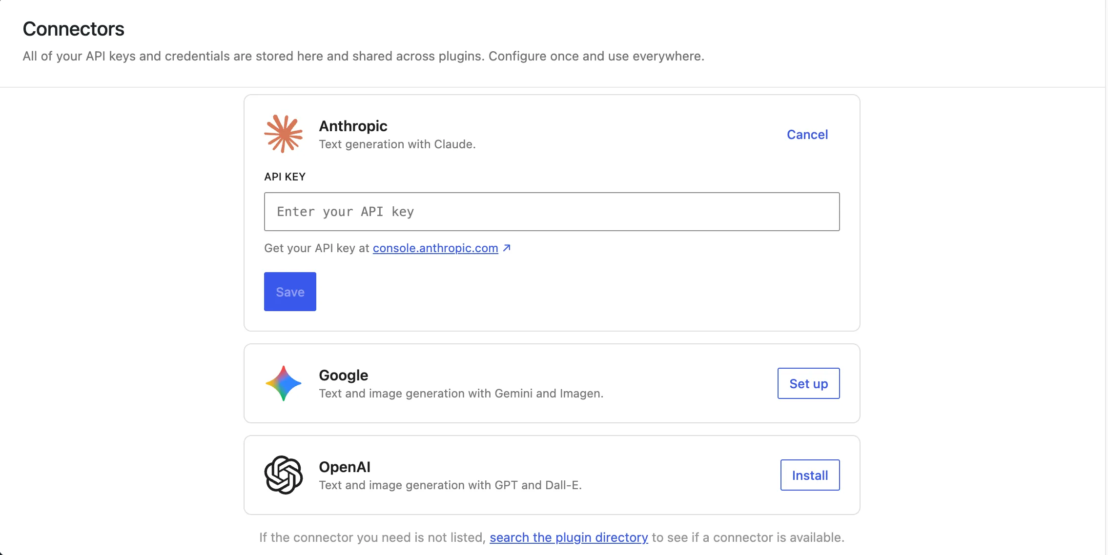 A screenshot of the new AI Connectors settings screen in WordPress 7.0