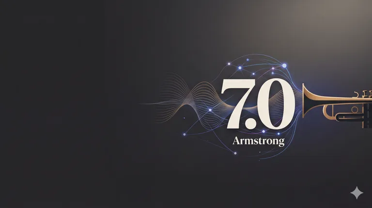 a stylised brass trumpet silhouette dissolving into flowing sound waves that turn into glowing network nodes and fine data lines. Large, confident "7.0" as the focal typographic element, with a small "Armstrong" wordmark beneath it.