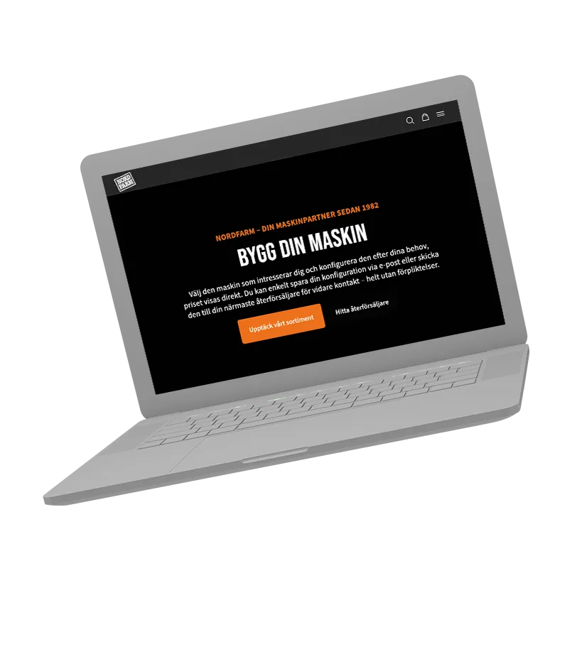 Mockup av Nordfarms webbplats i laptopvy med fokus på startsidans huvudbudskap "Bygg din maskin" och orange knapp för sortimentsöversikt.