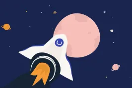 Illustration of a white rocket with the Umbraco logo, flying through space with planets and stars in the background.