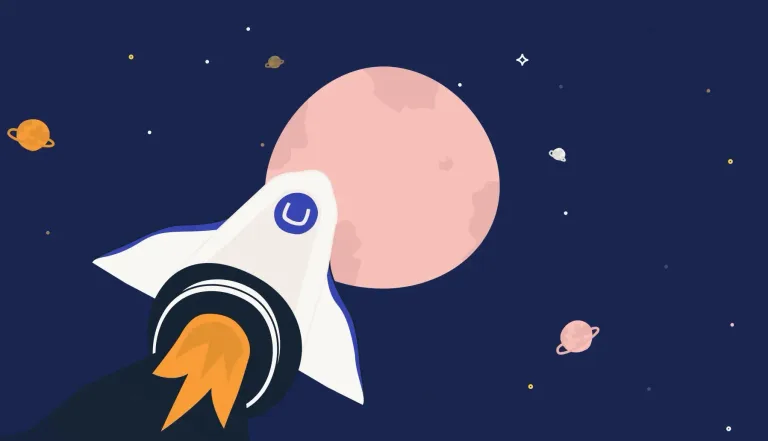 Illustration of a white rocket with the Umbraco logo, flying through space with planets and stars in the background.
